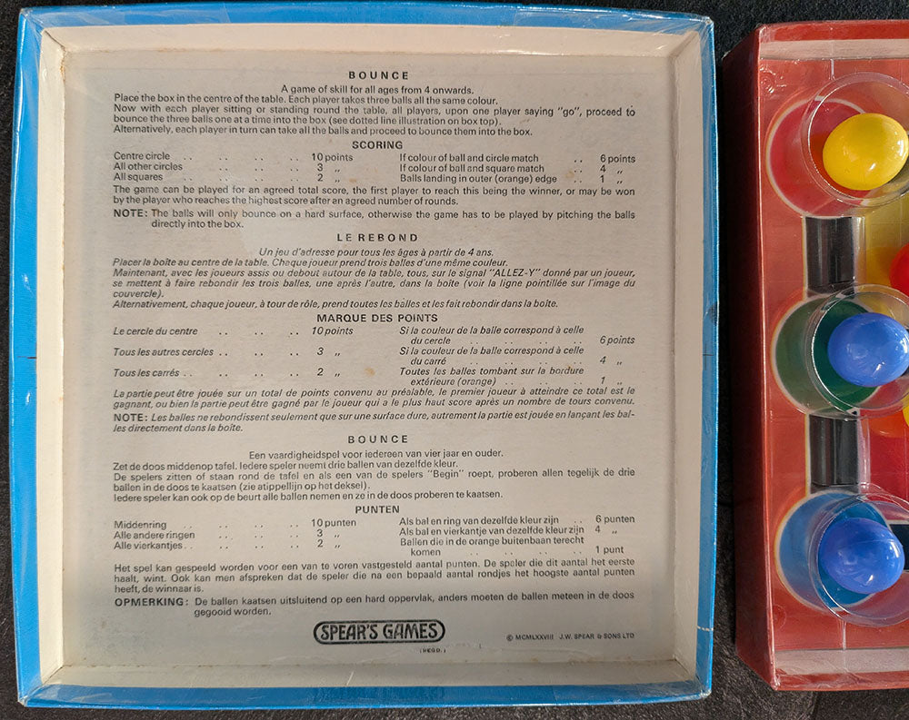 "Close-up view of the game rules for Bounce (1960)"