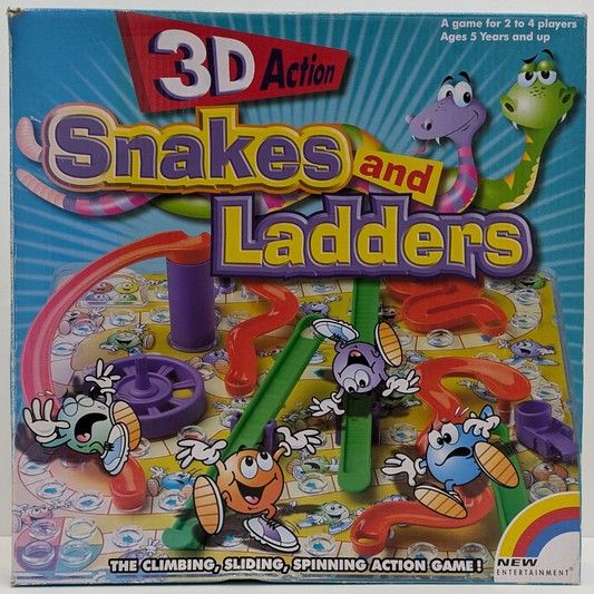 3D Snakes and Ladders (2012) game box featuring vibrant snakes, ladders, and the elevated game board showcasing interactive gameplay.