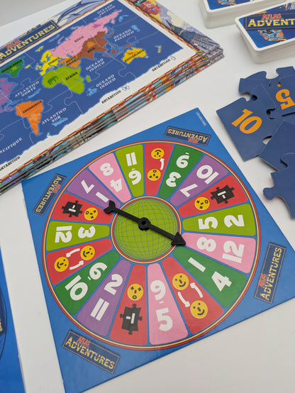 Atlas Adventures (1996) board game challenges players to complete a world map through puzzles, questions, and fun twists.
