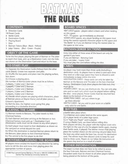 Batman (1989) rules explain how players move, battle, and complete destination objectives.