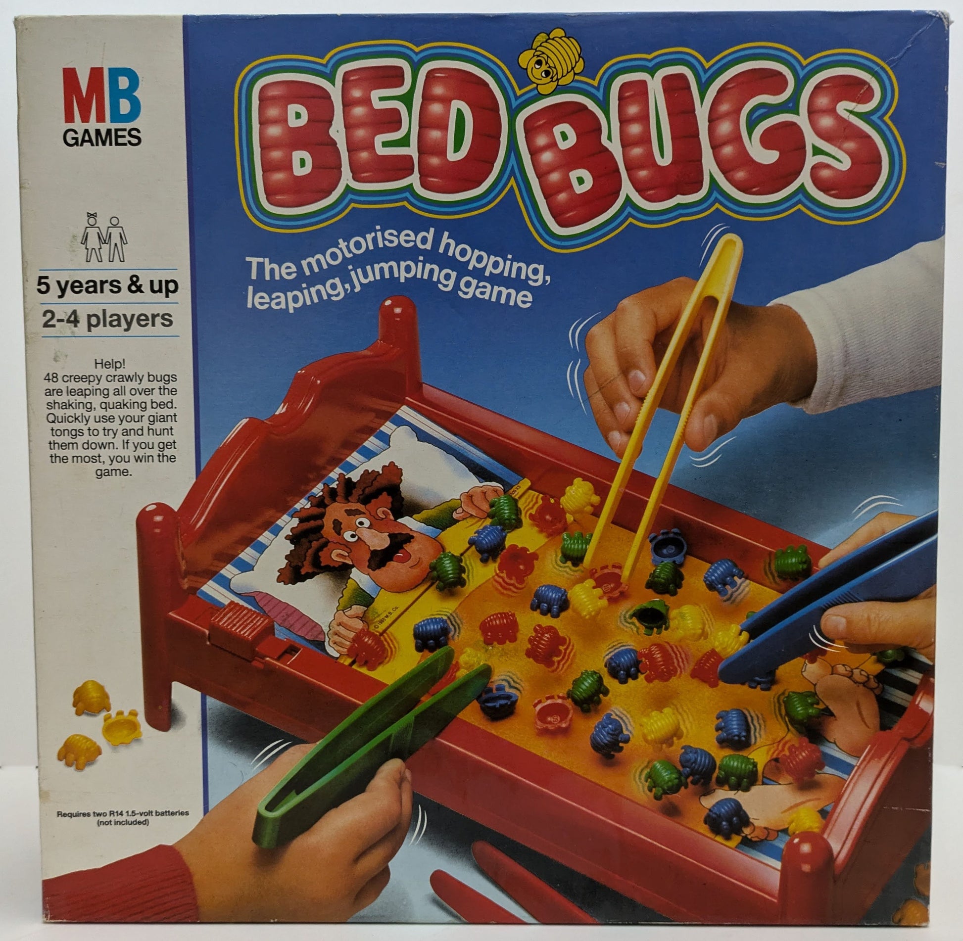 "Bed Bugs (1985) game box featuring colourful plastic bugs, tweezers, and a vibrating bed design highlighting fast-paced and fun gameplay."