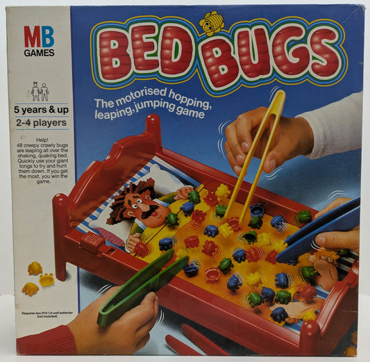 "Bed Bugs (1985) game box featuring colourful plastic bugs, tweezers, and a vibrating bed design highlighting fast-paced and fun gameplay."