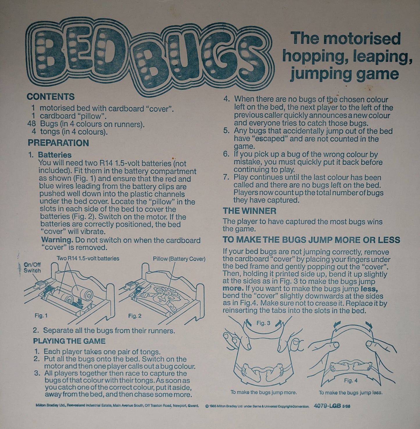"Bed Bugs game instructions showing how to catch coloured bugs with tweezers as they bounce on the vibrating game bed."