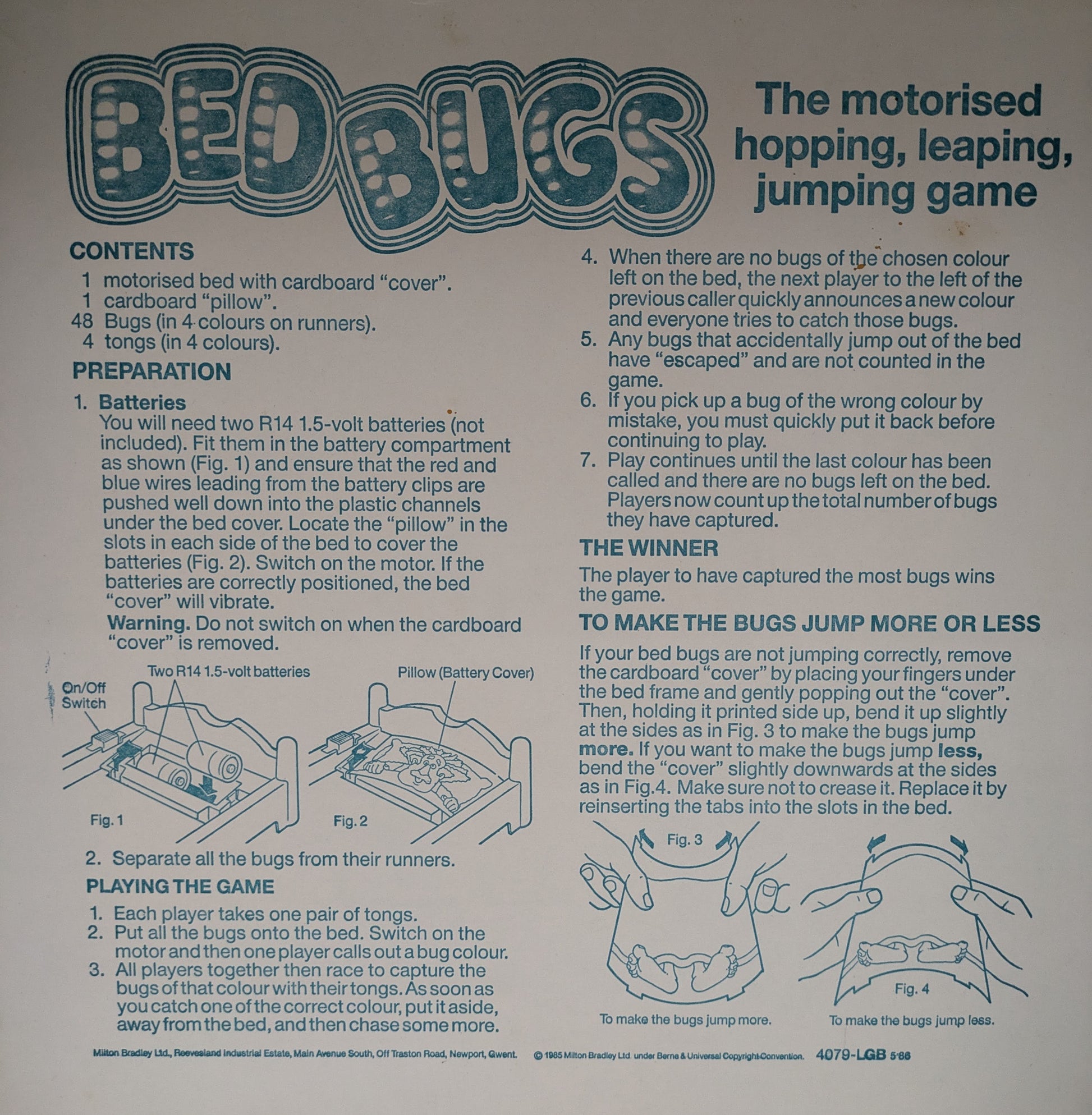 "Bed Bugs game instructions showing how to catch coloured bugs with tweezers as they bounce on the vibrating game bed."
