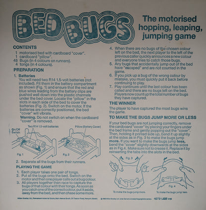 "Bed Bugs game instructions showing how to catch coloured bugs with tweezers as they bounce on the vibrating game bed."
