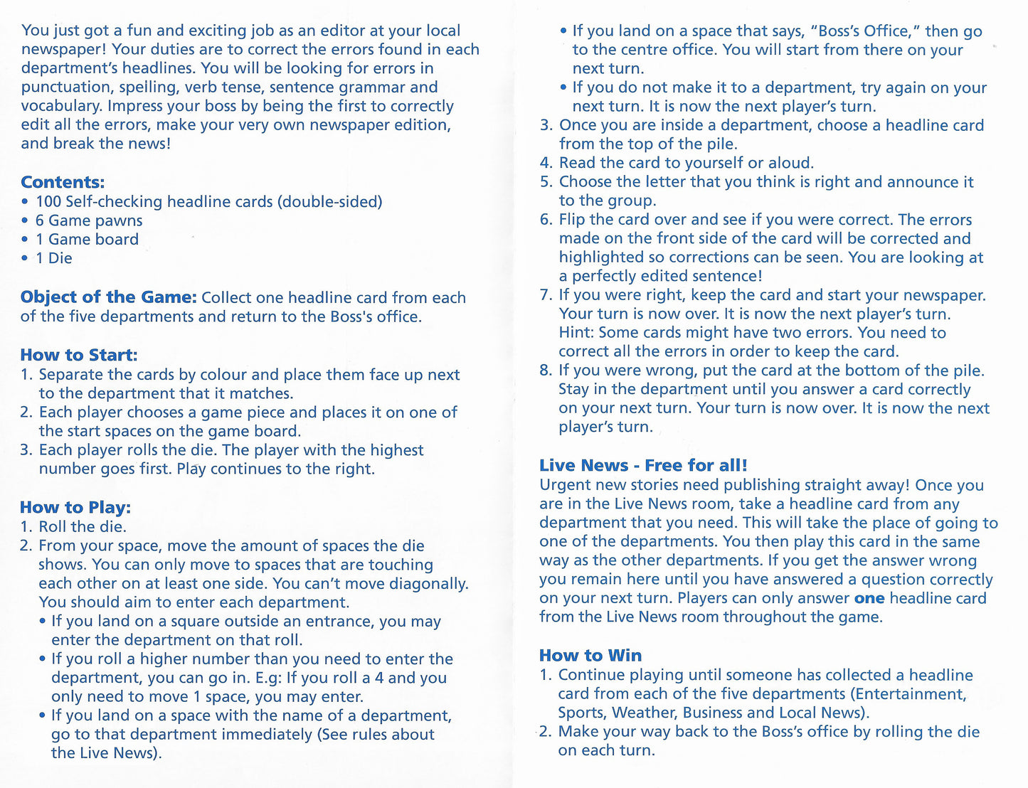 Breaking News (2005) explains how players move around the board, check answers, and build their newspaper one headline at a time