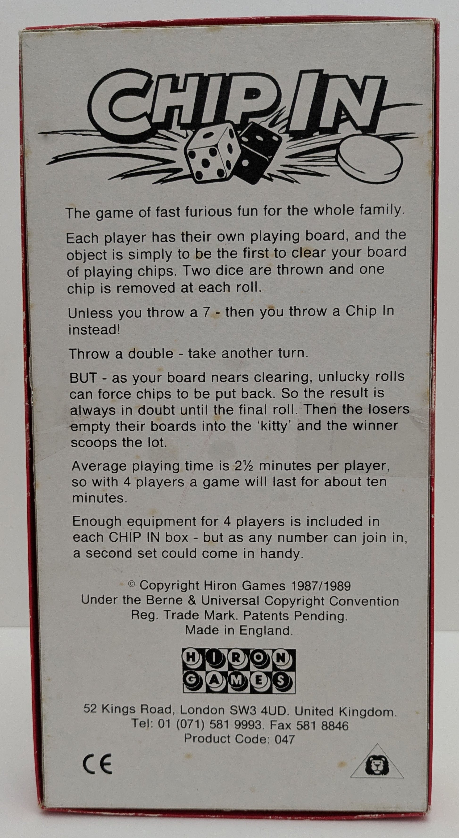 Step-by-step guide for Chip In (1988) explaining dice mechanics, chip management, and strategies for winning.