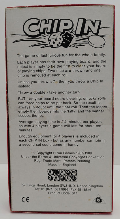 Step-by-step guide for Chip In (1988) explaining dice mechanics, chip management, and strategies for winning.