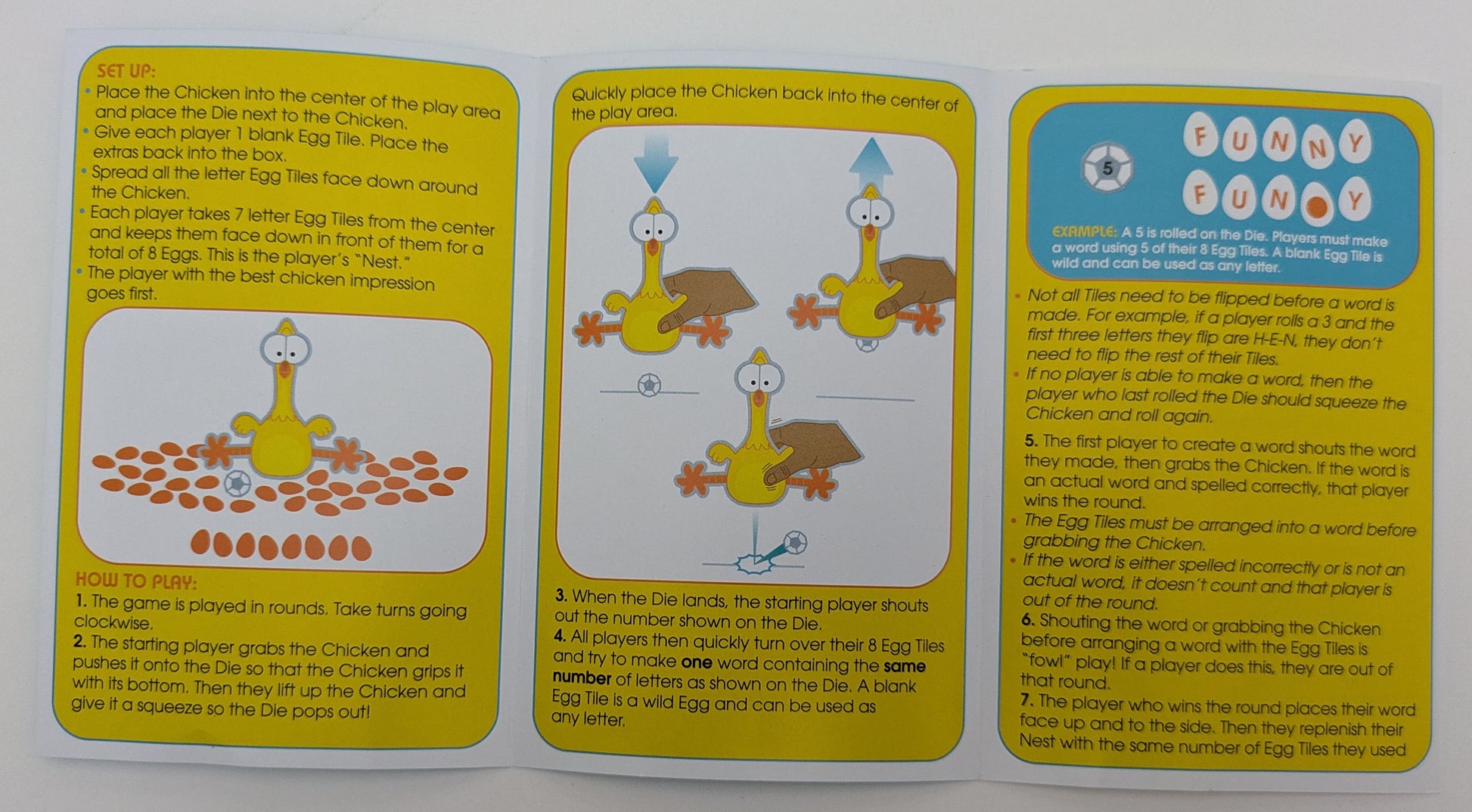"Cluckle game instructions explaining how to form words using egg tiles, pop the die, and grab the chicken to win points."

