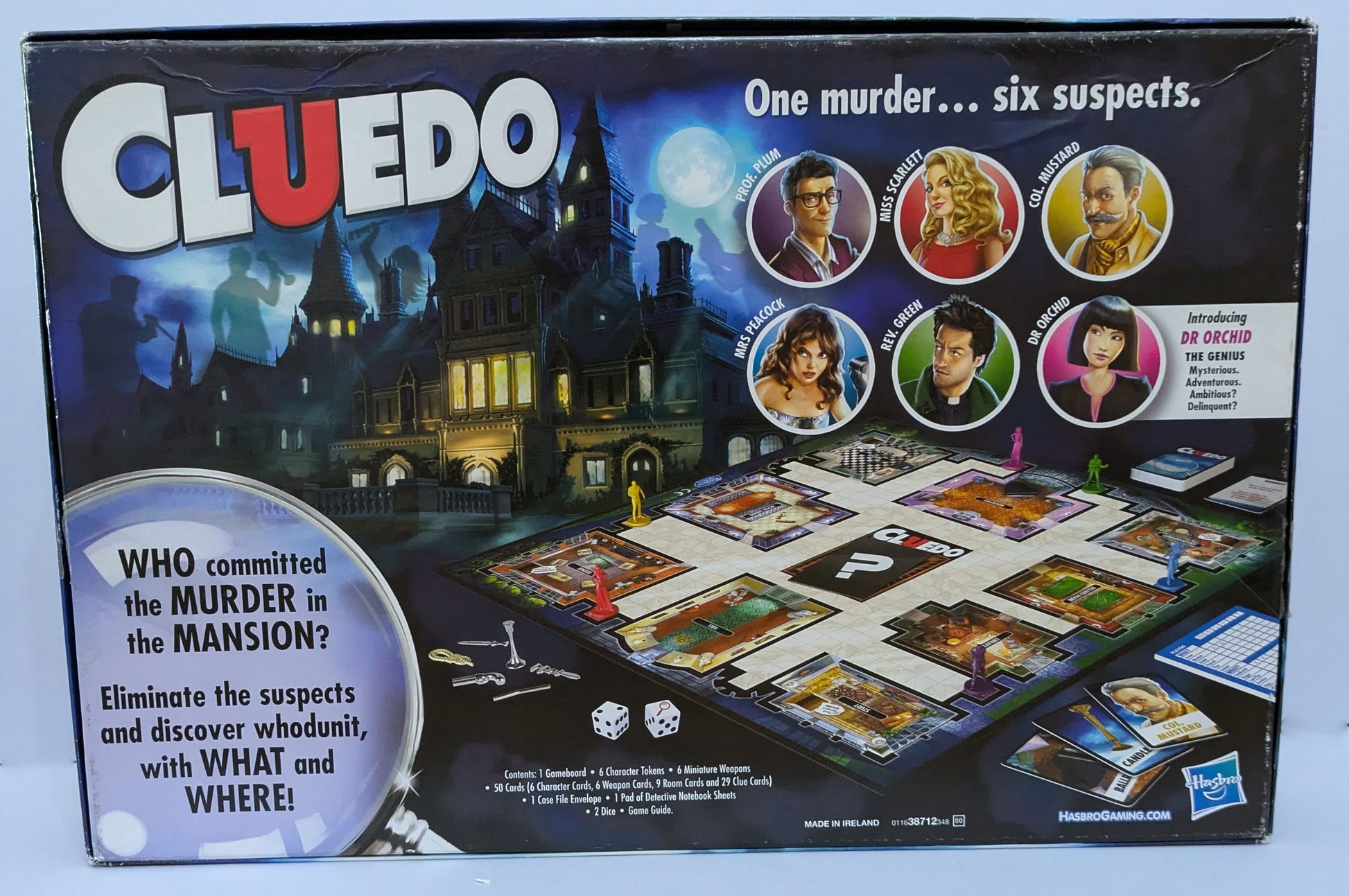 Back view of Cluedo (2012) game box featuring a murder mystery theme, colourful character visuals, and iconic weapons.