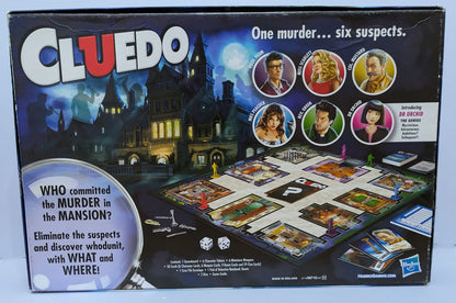 Back view of Cluedo (2012) game box featuring a murder mystery theme, colourful character visuals, and iconic weapons.