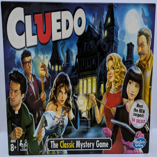 Cluedo (2012) game box featuring iconic suspects, weapons, and mansion visuals with the game logo highlighting classic mystery gameplay.