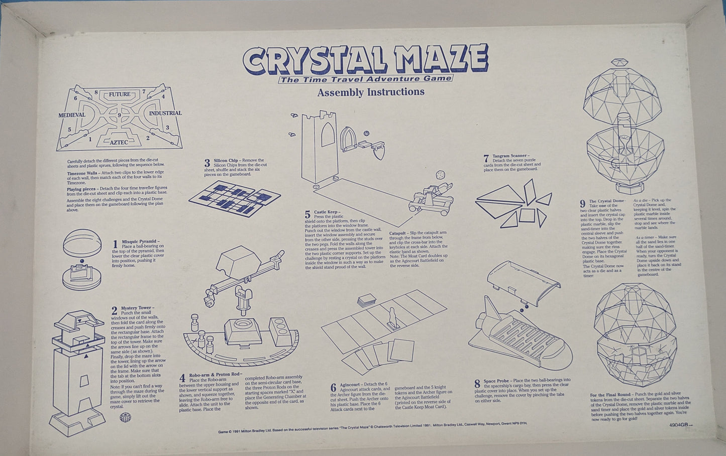 Crystal Maze (1991) rules explain how players move between time zones and attempt challenges to win crystals.