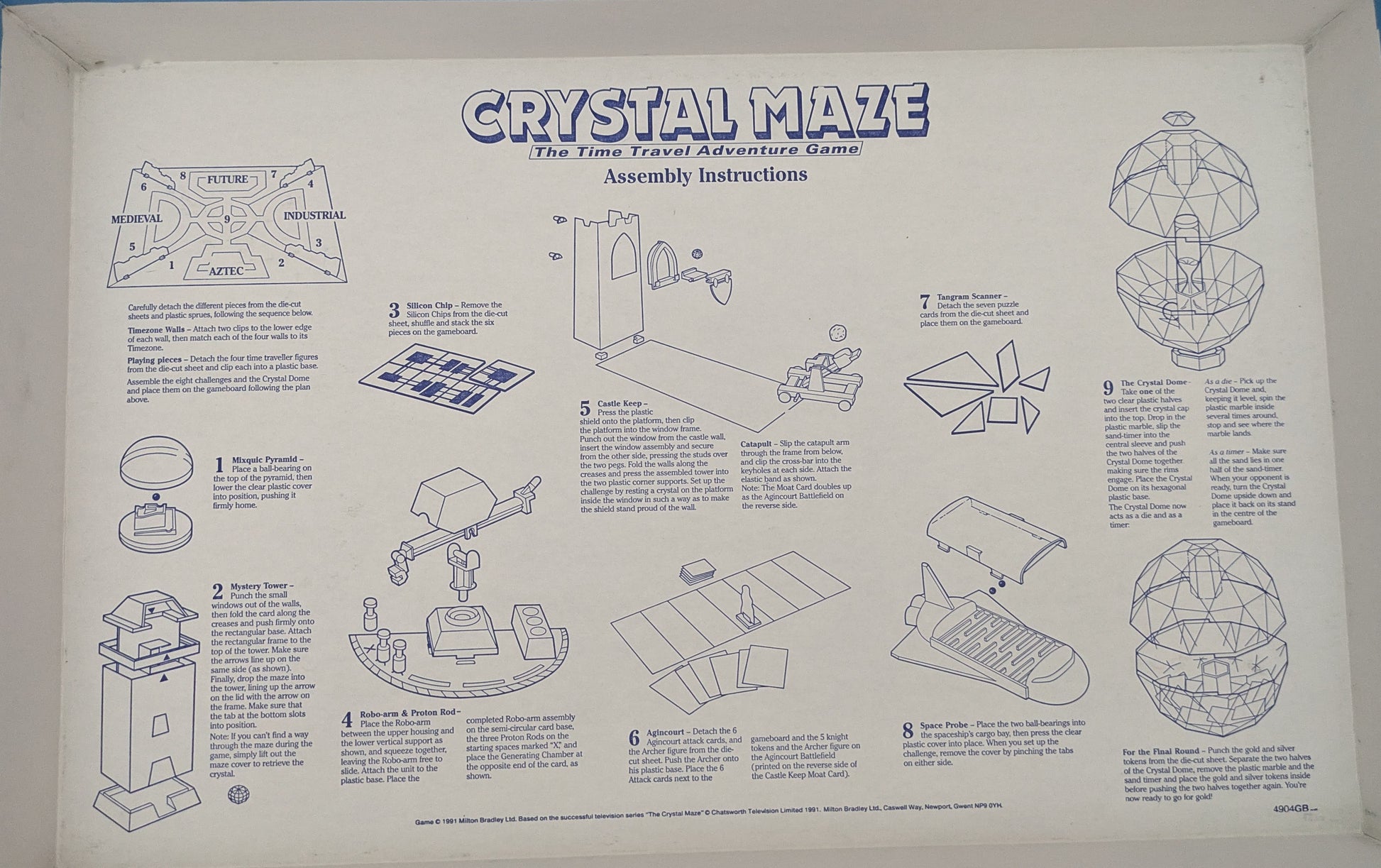 Crystal Maze (1991) rules explain how players move between time zones and attempt challenges to win crystals.