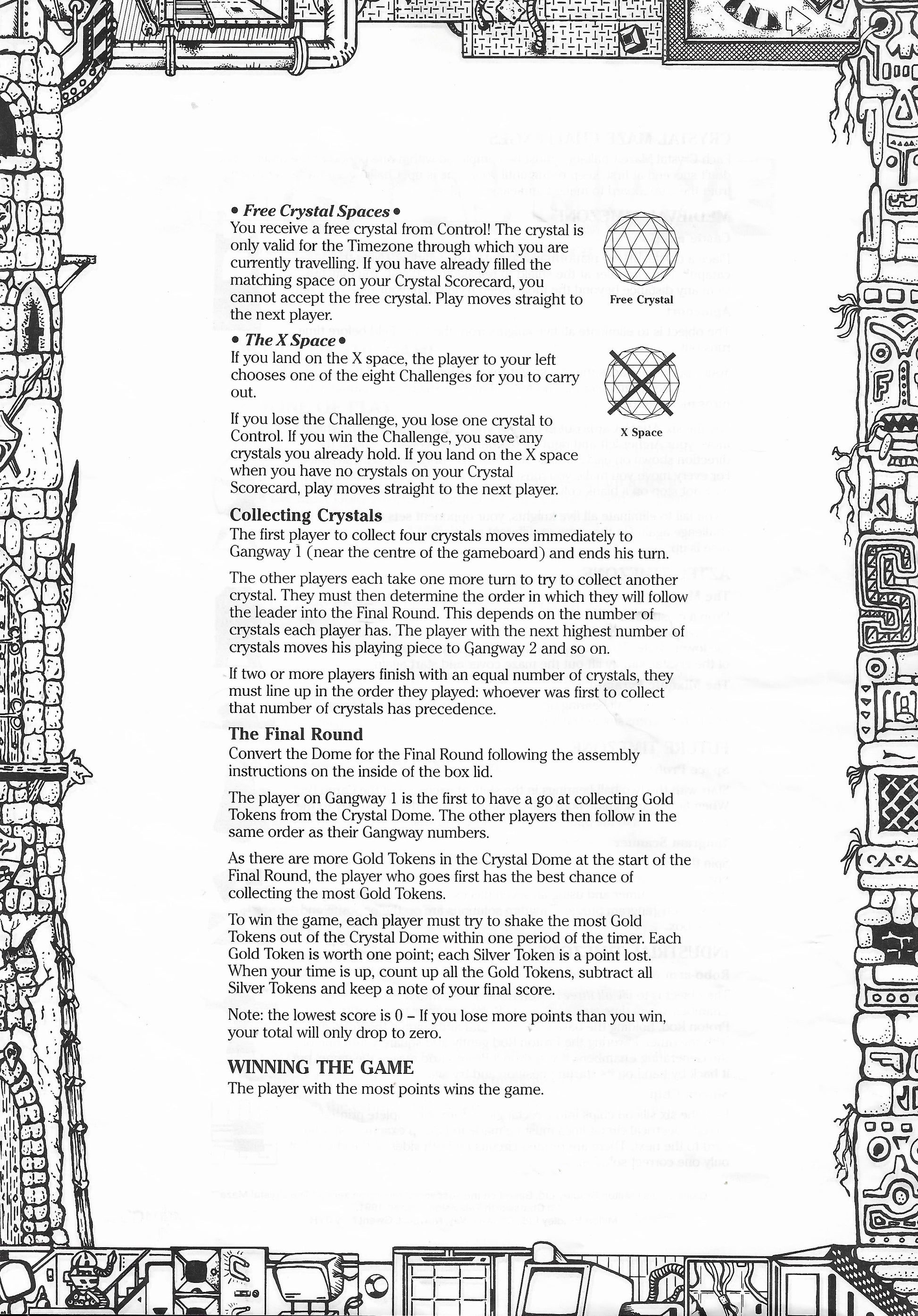 Crystal Maze (1991) rules show how the Crystal Dome is used to collect gold and silver tokens at the end of the game.