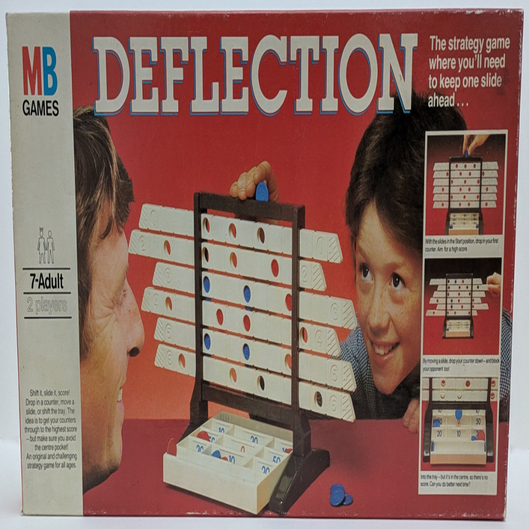 "Deflection (1981) game box featuring retro graphics, coloured counters, and a sliding rack design highlighting strategic gameplay."