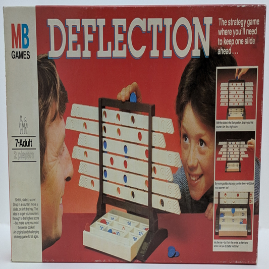 "Deflection (1981) game box featuring retro graphics, coloured counters, and a sliding rack design highlighting strategic gameplay."