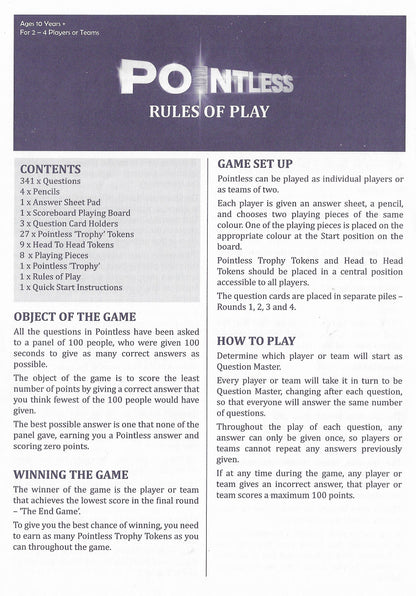 Discover how to play with the official Pointless (2012) board game rules included in every set.