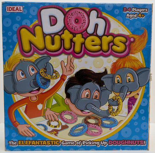 "Doh Nutters game box featuring playful elephant-themed graphics, colourful masks, and doughnut pieces highlighting the fun action-packed gameplay."