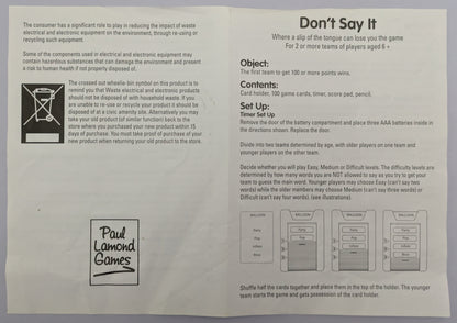 Detailed Don’t Say It gameplay guide explaining team setup, forbidden word mechanics, and scoring rules.