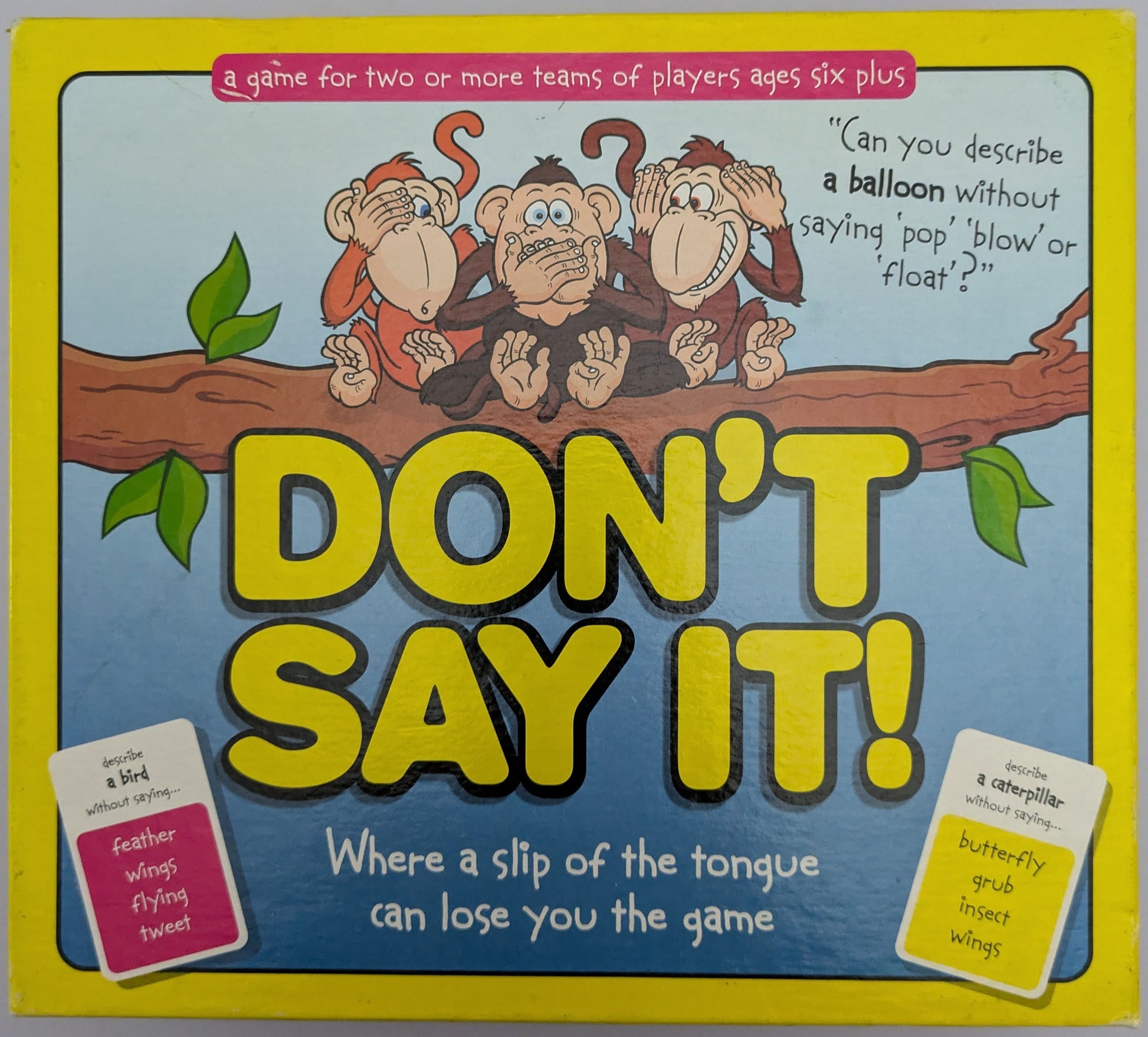 Don’t Say It (2008) game box featuring colourful graphics, word cards, and the game logo emphasizing fun word challenges.