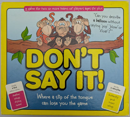 Don’t Say It (2008) game box featuring colourful graphics, word cards, and the game logo emphasizing fun word challenges.