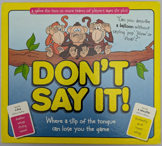 Don’t Say It (2008) game box featuring colourful graphics, word cards, and the game logo emphasizing fun word challenges.