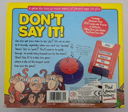 Don’t Say It (2008) game box featuring colourful graphics, word cards, and the game logo emphasizing fun word challenges.