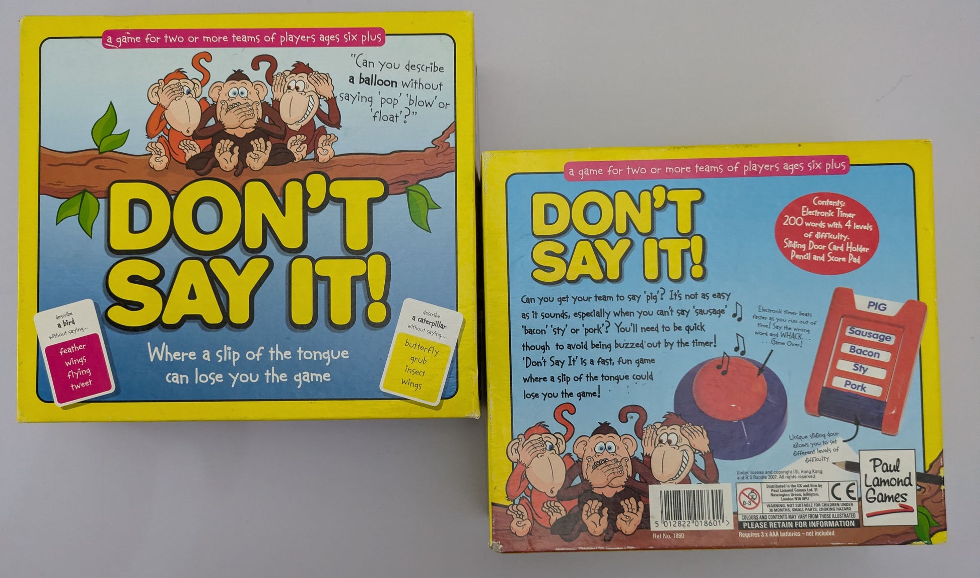Don’t Say It (2008) game box featuring colourful graphics, word cards, and the game logo emphasizing fun word challenges.