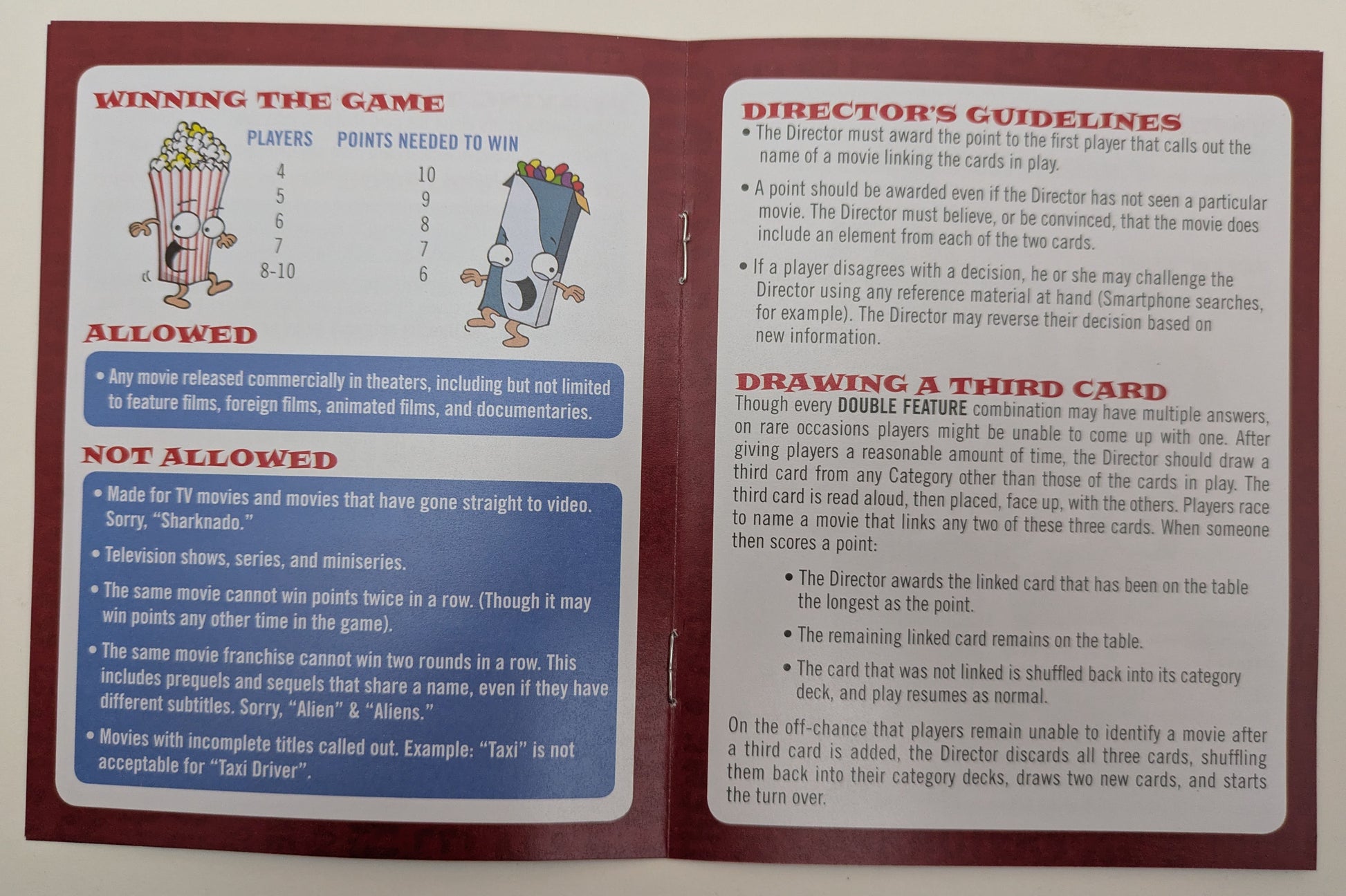 Double Feature game instructions showing how to play, including details about linking movie elements and scoring points.