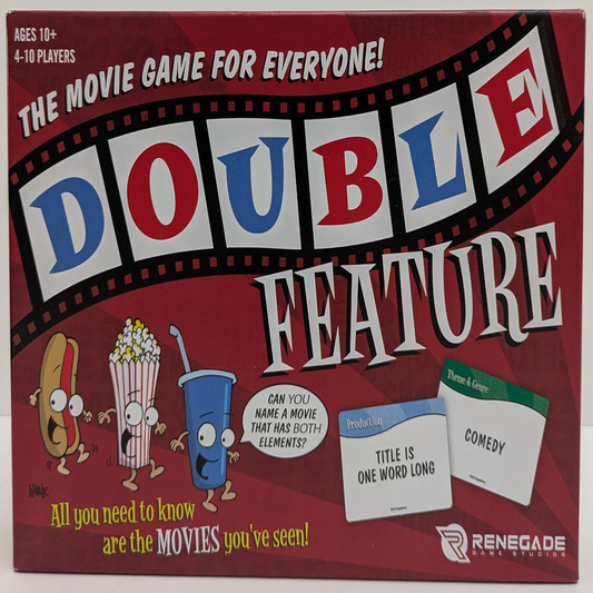 Double Feature (2015) game box featuring vibrant movie-themed graphics and the tagline highlighting fast-paced film trivia fun.