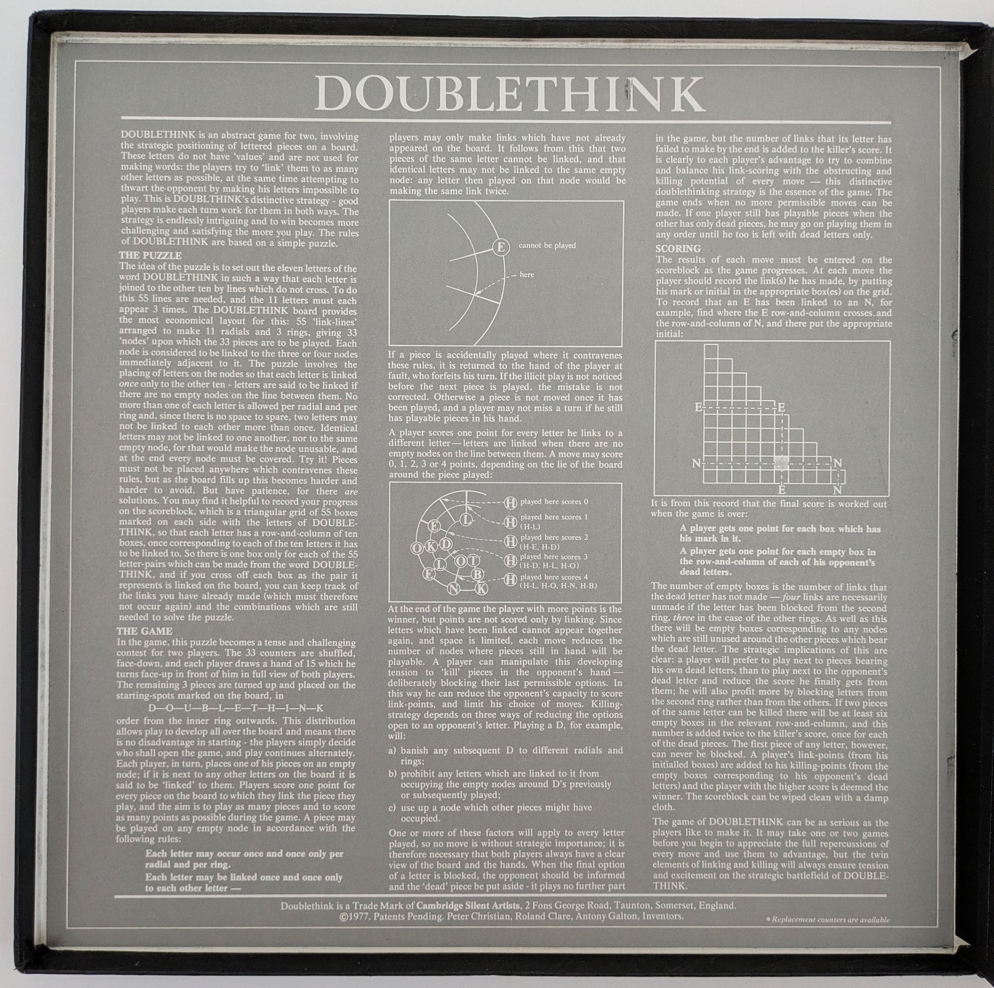 Doublethink (1977) is a collectible gem from Cambridge Silent Artists, built to last a lifetime of play.