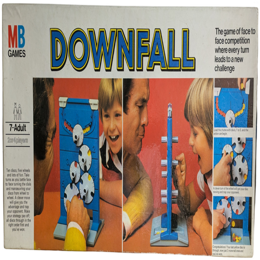"Downfall game box featuring rotating dials and discs, highlighting the strategy-driven gameplay for two players."