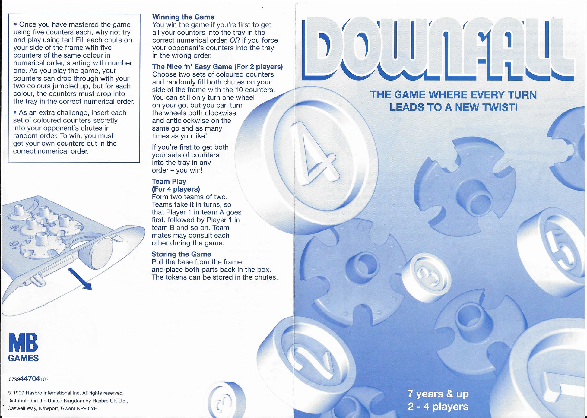 Downfall (1999) rules explain how players rotate wheels to move counters and aim to drop them in the correct numerical order.