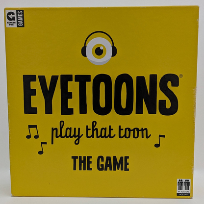 "Eyetoons (2016) game box featuring a colourful musical-themed design, highlighting trivia, drawing, and guessing challenges for family fun."