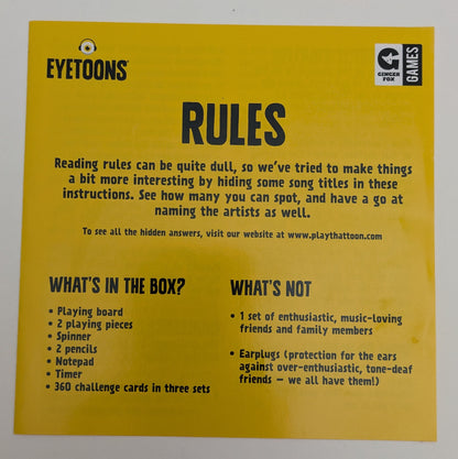 "Eyetoons game instructions showing how to guess songs, draw cartoons, and hum tunes in this fun musical quiz game."