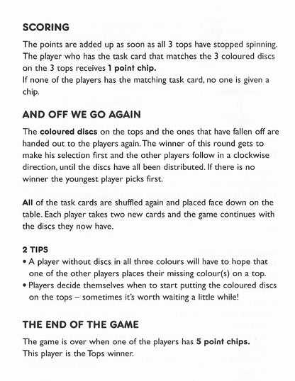 Full rules for Tops (2002), guiding players through setup, gameplay, scoring, and winning.