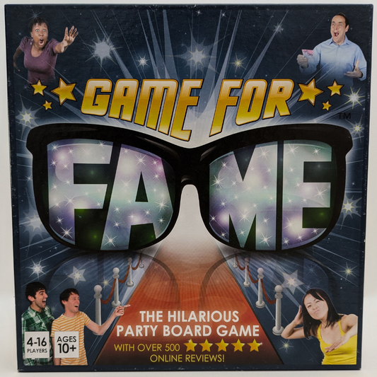 "Game for Fame (2010) game box featuring celebrity-themed graphics, funny challenge icons, and party game visuals emphasizing fun and laughter."