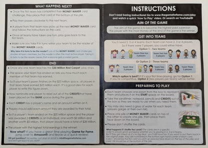 "Game for Fame instructions explaining how to compete in acting, speaking, and performance challenges while managing team strategy and backstabbing opportunities."