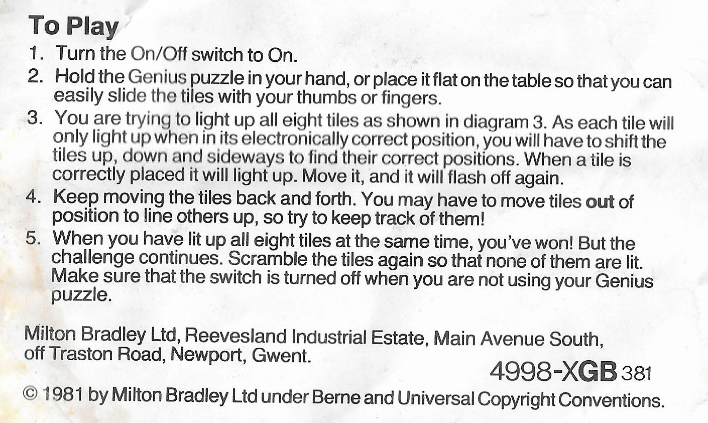Genius (1981) Rules Slide the Tiles Until All 8 Glow – Sounds Easy Think Again!