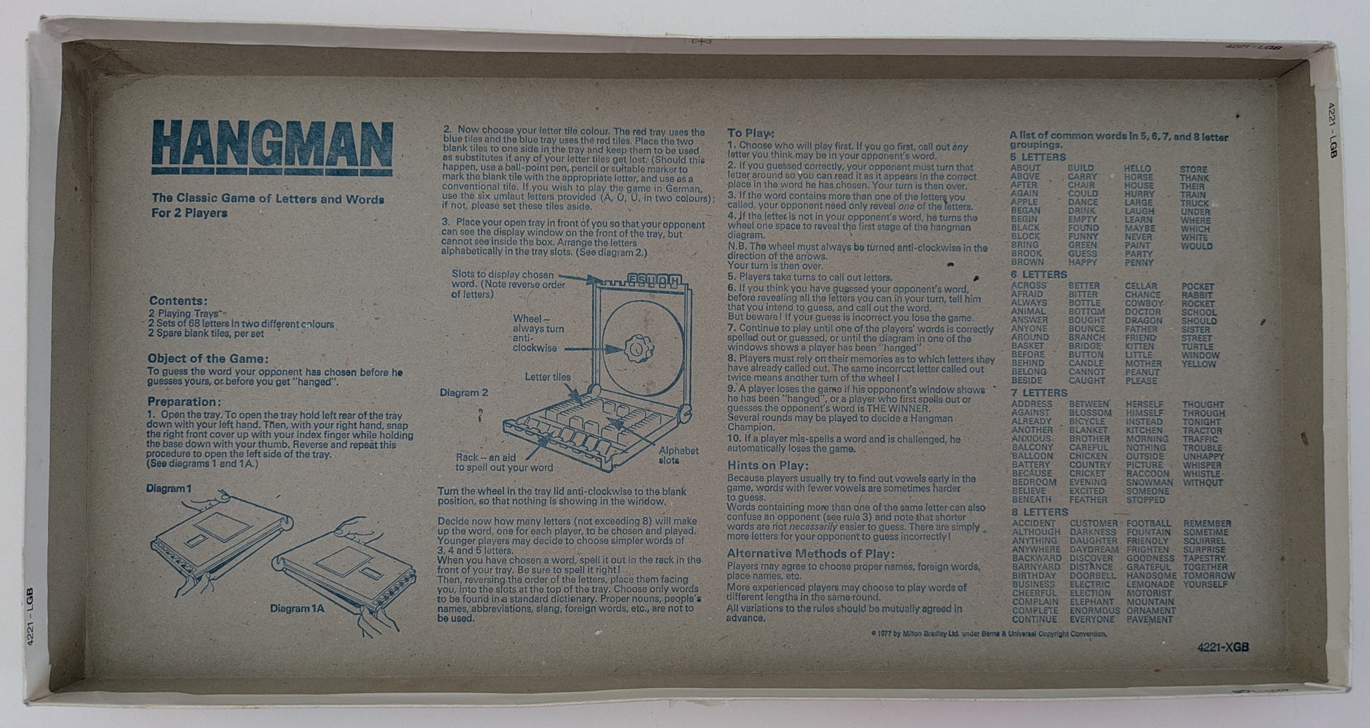 Hangman (1977) rules guide you through setup, letter guessing, and how to win the game.