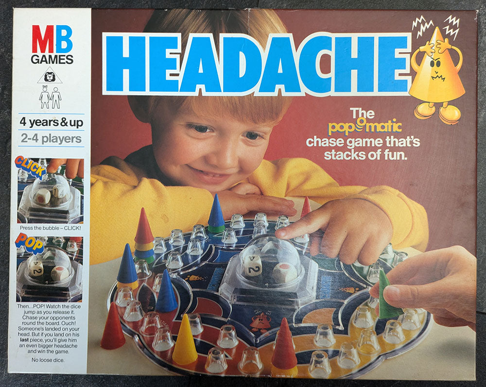 "Headache game box featuring colourful cone-shaped pieces, game board, and stacking-themed graphics emphasizing classic competitive gameplay."