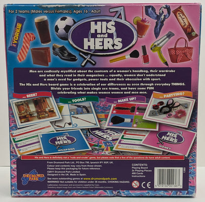 "Back view of His and Hers (2011) game box featuring game logos, trivia categories, and fun icons representing men and women."