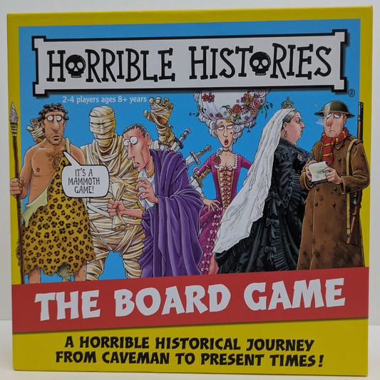 Horrible Histories: The Board Game (2019) box featuring vibrant illustrations of historical characters and the game title in bold font.