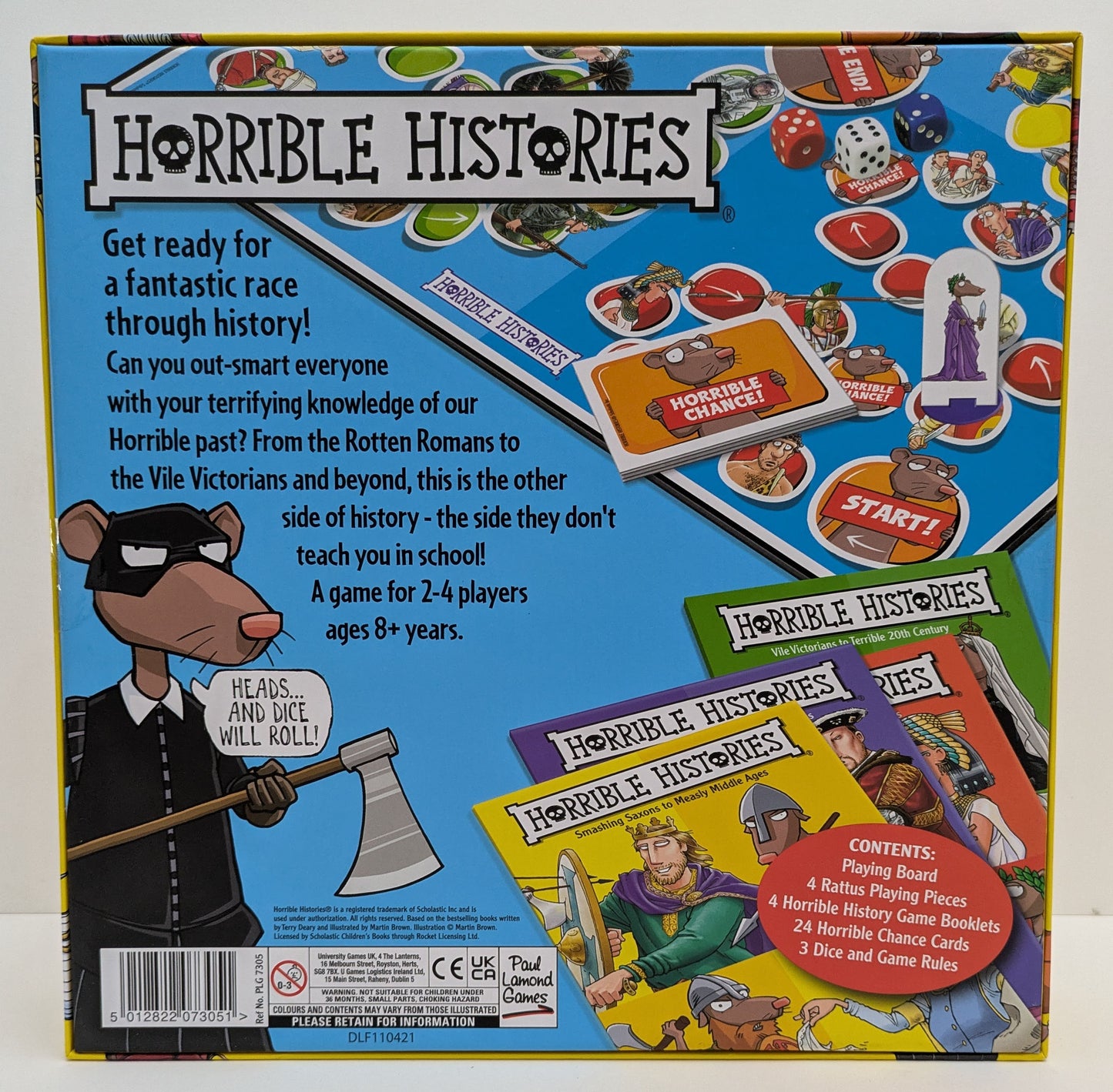 Horrible Histories: The Board Game (2019) box featuring vibrant illustrations of historical characters and the game title in bold font.