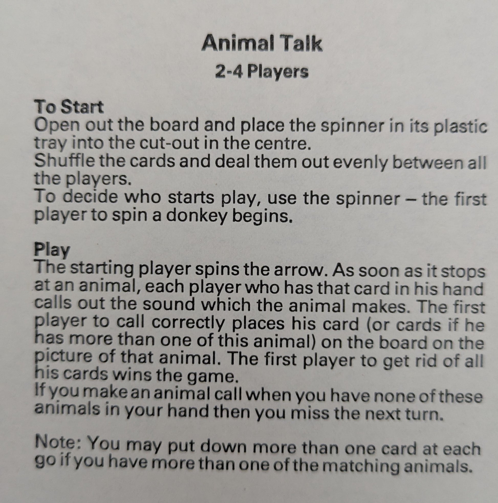 How to Play Animal Talk 1983 – spin the arrow, match the card, make the sound, and race to win.