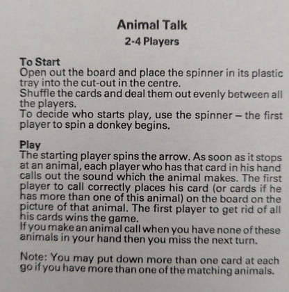 How to Play Animal Talk 1983 – spin the arrow, match the card, make the sound, and race to win.