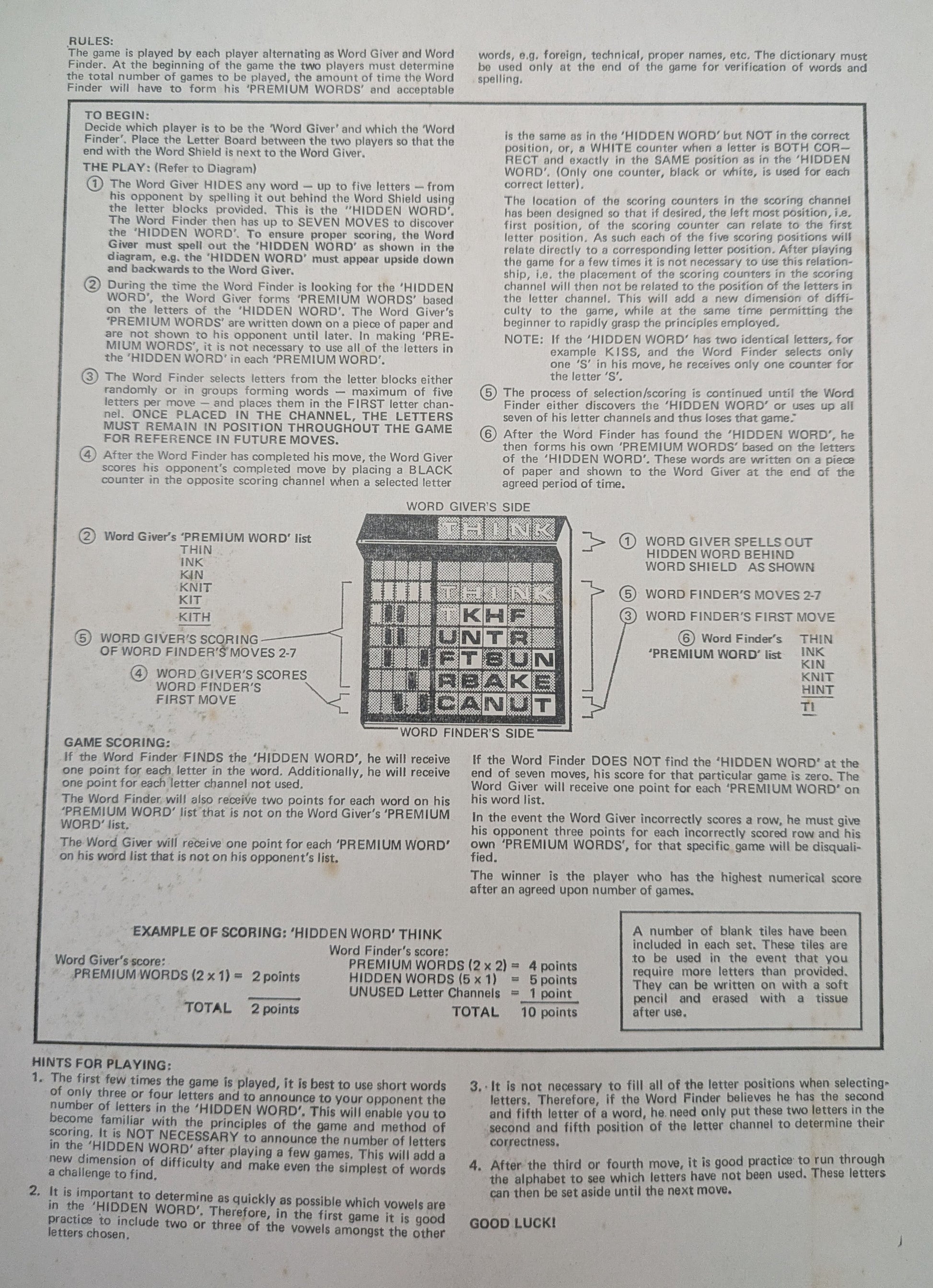 How to Play Call My Bluff 1974 – one player hides a word, the other has seven moves to find it.