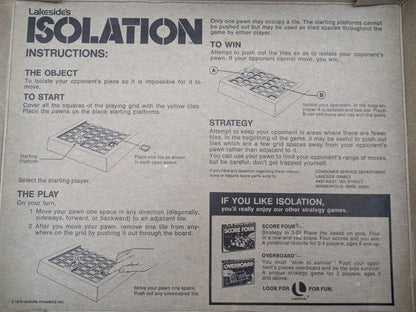 How to play Isolation (1978) move your pawn one space, remove a tile, and try to trap your opponent before they trap you.