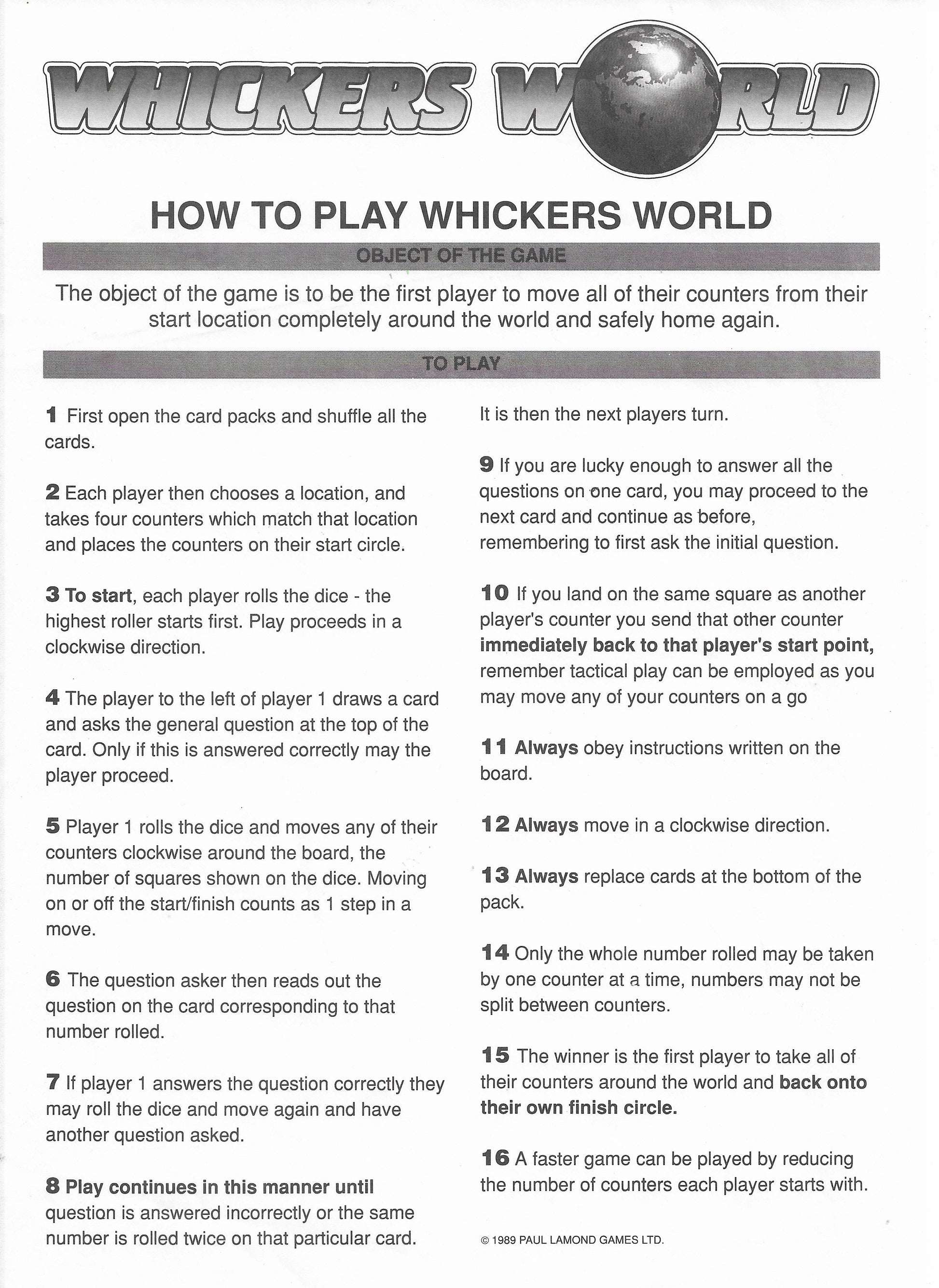 How to play Whickers World 1989 – answer questions to move your counters and race around the world.